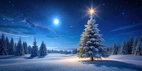 Fototapeta premium Frosty Christmas tree standing alone in a snow-covered landscape at night with stars twinkling above and a moonlit sky, surrounded by silence and stillness , snowy forest, peaceful