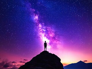 Fototapeta premium Silhouette Person on Mountaintop Under a Purple and Pink Milky Way