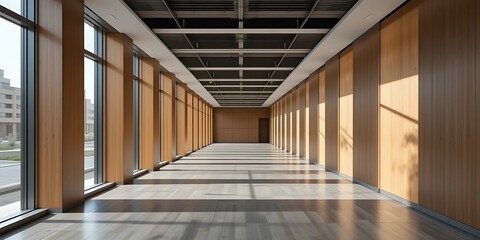 Obraz premium Modern spacious hallway with wooden walls and large windows