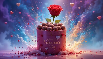 Valentine's Day Surprise Gift Chocolate Box with a Red Rose in Romantic Theme Background