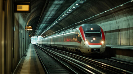 Fototapeta premium Modern High Speed Train Entering Tunnel Railway Transportation Travel Journey Metro Rapid Engine 