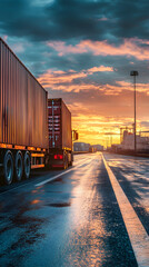 Obraz premium Semi-Truck with Shipping Containers on Wet Road at Sunset