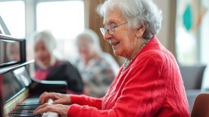 Elderly woman playing piano, senior center, friends listening, joyful music therapy