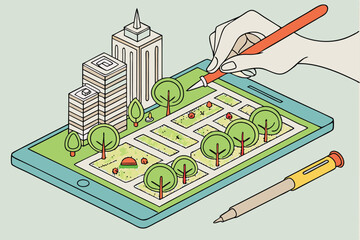 Lush green island, lone tree, urban skyline, misty cityscape, reflective water, environmental contrast, sustainability concept, futuristic eco-city, ethereal atmosphere, soft lighting, 3D rendering, d