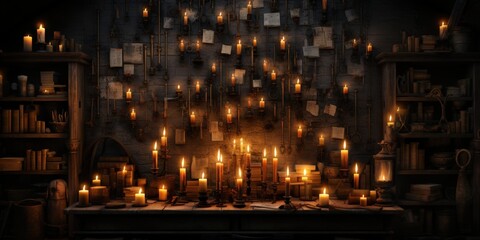 Obraz premium Candlelit study, notes on wall, bookshelves, nighttime. Fantasy setting, ideal for games, films.