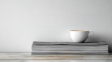 Minimalist scene featuring a white cup resting on a stack of magazines against a plain backdrop