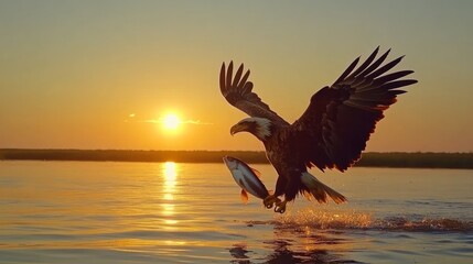 Obraz premium Majestic Eagle Soaring With Its Prey At Sunset