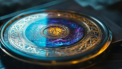 Ornate Circular Artifact with Glowing, Multicolored Inner Core - Powered by Adobe