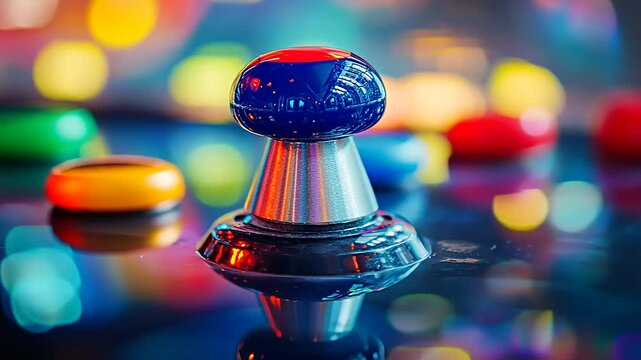 Close-up of a vibrant blue and red arcade game joystick button
