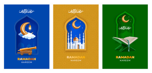 Ramadan Kareem greeting card templates set with gold crescent moon, mosque, Quran, cannon and calligraphy which means Ramadan Kareem, on green, gold, blue background. Realistic 3d vector illustration