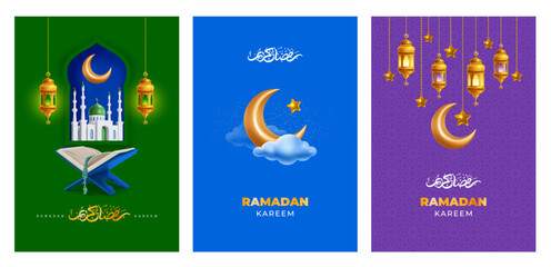 Ramadan Kareem greeting card templates set. Gold crescent moon, mosque, Quran, lanterns and calligraphy which means Ramadan Kareem, on green, purple, blue background. Realistic 3d vector illustration