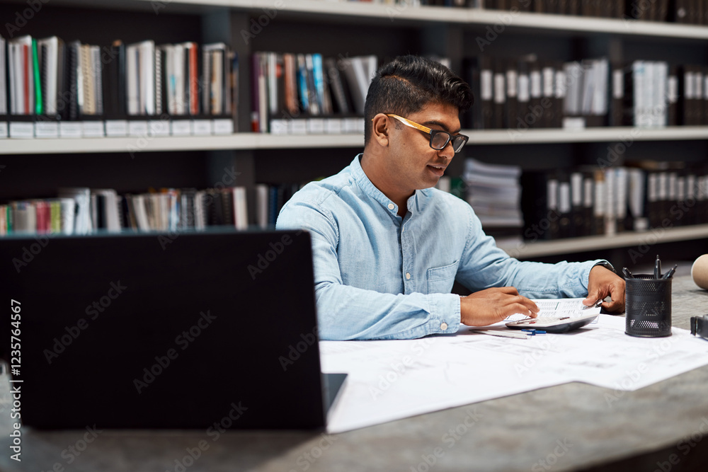 Poster paperwork, business man and architect with calculator for planning blueprint or construction project