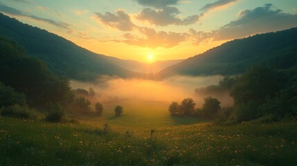 Serene Sunrise Over Misty Valley