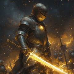 Naklejka premium A lone knight in shining armor stands amidst a fiery battlefield, wielding a glowing sword.