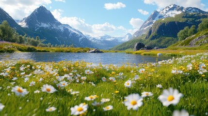 Mountain lake, wildflowers, sunny day, scenic view, travel postcard