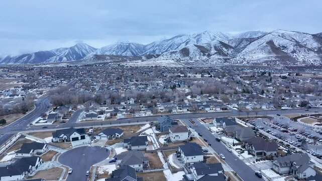 Aerial Payson Utah LDS Temple valley slide circle 1 4K. The Church of Jesus Christ of Latter-day Saints, LDS or Mormon religion. Sacred building for eternal worship. Residential neighborhood.