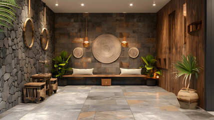 Coastal interior design of modern entrance hall with stone tiles wall and wooden rustic elements. Created with