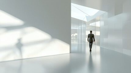 Fototapeta premium Blurred business office interior with a man in a suit walking, blurred background, generative AI