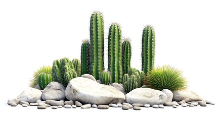 Realistic cactus plant with sharp spines and smooth stones