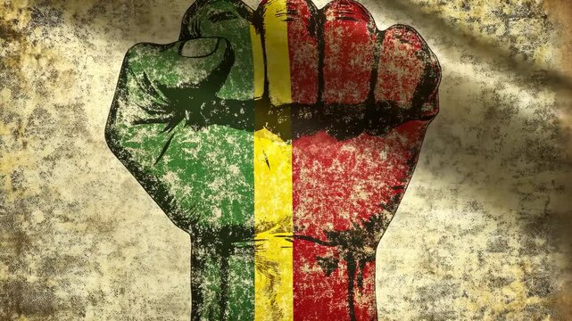 Strong raised fist symbolizing unity and resistance with colors of the Malian flag on a textured background
