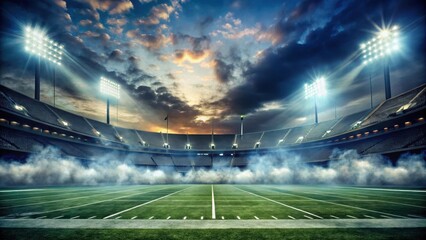 Atmospheric American Football Stadium with Smoke, dusk, fog,  dusk, fog, mist