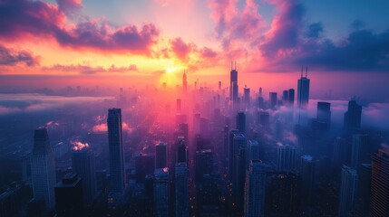 Fototapeta premium Cityscape Sunrise: A breathtaking aerial view of a modern cityscape bathed in the golden hues of a vibrant sunrise.