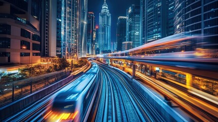 Obraz premium City Lights and Motion: A sleek train streaks through the heart of a bustling city, its headlights illuminating the concrete jungle.