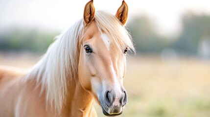 Fototapeta premium Palomino horse portrait, field background, summer