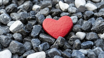 Obraz premium Red Heart on Grey and White Stones Romantic Background Image for Valentine s Day