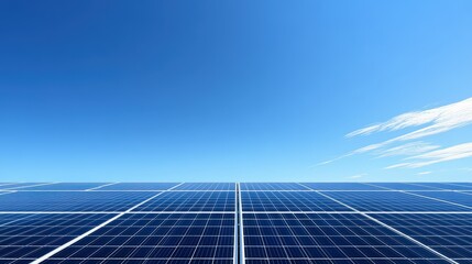 Solar Power in the Sky: A field of solar panels stretches towards the horizon, basking in the warm glow of a cloudless blue sky, showcasing the potential for clean energy and sustainability. 