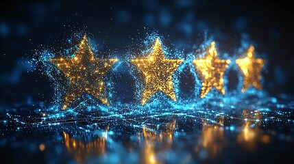 Golden Stars Glowing With Abstract Particles Showcasing High Rating And Positive Review.