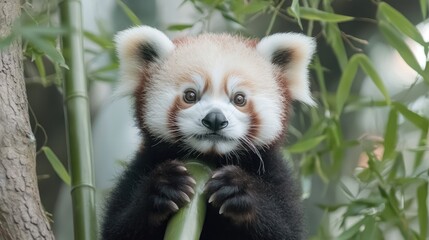 Naklejka premium Red panda cub eating bamboo in enclosure