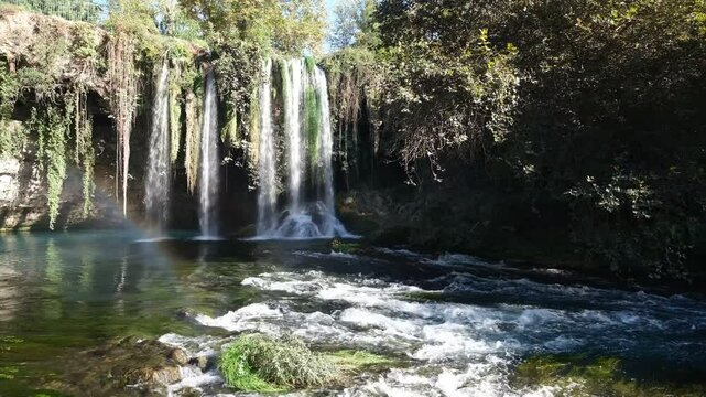 Upper Duden or Iskander ( Turkish; Duden şelalesi ) waterfall.  An idyllic waterfall view. Touristic symbols of Antalya. Kepez region Turkey country - 4k video 