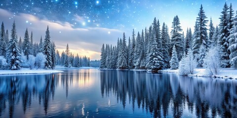 Obraz premium Winter forest at dusk with snowflakes gently falling on evergreen trees and frozen lake in the background, frozen lake, winter wonderland