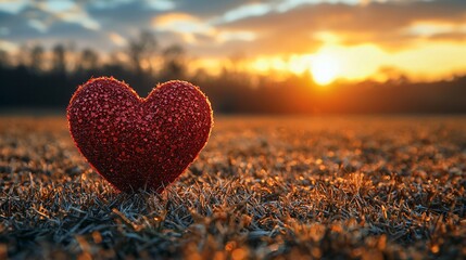 Fototapeta premium Romantic Red Glittery Heart in Field at Golden Sunset Love Concept