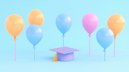 A colorful graduation scene featuring a purple cap surrounded by pastel balloons against a light blue background.