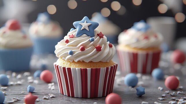 A festive cupcake decorated with red, white, and blue frosting and stars, perfect for celebrations and patriotic events.