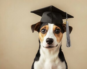A cute dog wearing a graduation cap, looking proud and ready to celebrate its achievement against a neutral background.