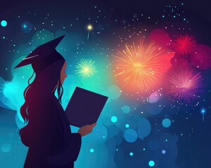 Fototapeta premium A graduate in a cap holds a diploma, gazing at colorful fireworks against a starry night sky, celebrating a significant achievement.