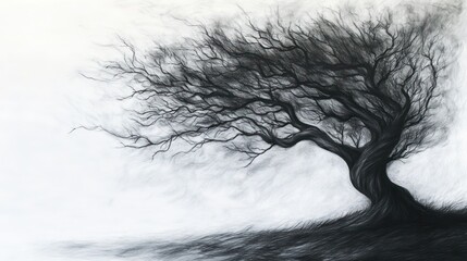 Fototapeta premium Windswept tree, bleak landscape, charcoal drawing, atmospheric art, website banner