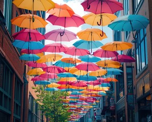 Colorful umbrellas hang above a charming street, creating a whimsical and vibrant atmosphere, perfect for a stroll or photo opportunity.