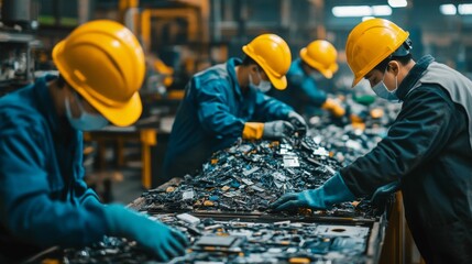 Workers sort electronic waste in a factory