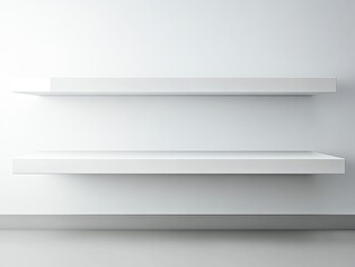 Obraz premium Minimalist white shelves mounted on a clean wall provide display space for objects or products