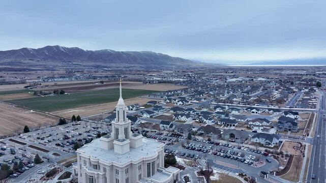Aerial Payson Utah LDS Temple valley 2. The Church of Jesus Christ of Latter-day Saints, LDS or Mormon religion. Sacred building for eternal worship. Residential neighborhood.