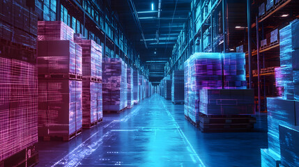 Obraz premium Warehouse Aisle with Digitally-Overlayed Pallets