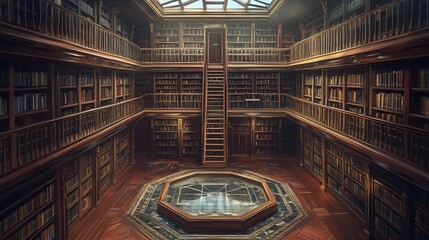 Grand library atrium, bookshelves, knowledge, research, sunlight, calm, study, education, interior design