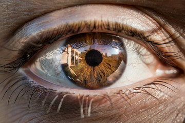 Close-up of a human eye reflecting a landscape.