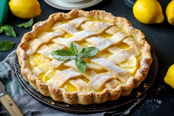 Freshly baked homemade organic lemon pie with golden crust and creamy filling