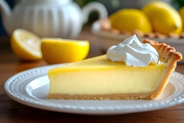 Freshly baked homemade organic lemon pie with golden crust and creamy filling