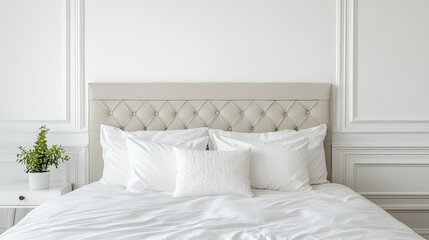Luxurious bed with tufted headboard and clean white bedding in minimal interior